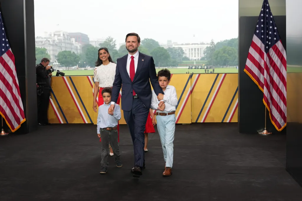  Vice President JD Vance and Usha Vance and their children walk across the stage during the celebration of the Army's 250th birthday on the National Mall on June 14, 2025 in Washington, DC. 