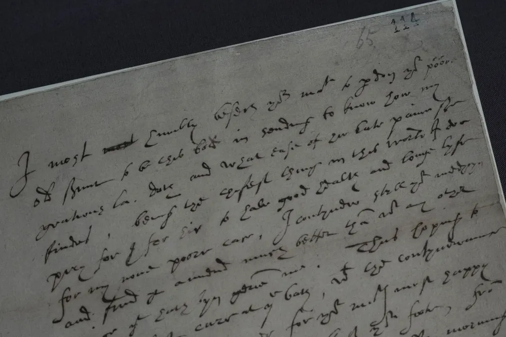 A 16th century letter written by Robert Dudley, 1st Earl of Leicester, to Queen Elizabeth I, on view during a preview of the Love Letters exhibition at the National Archives in London on Wednesday, Jan. 21, 2026