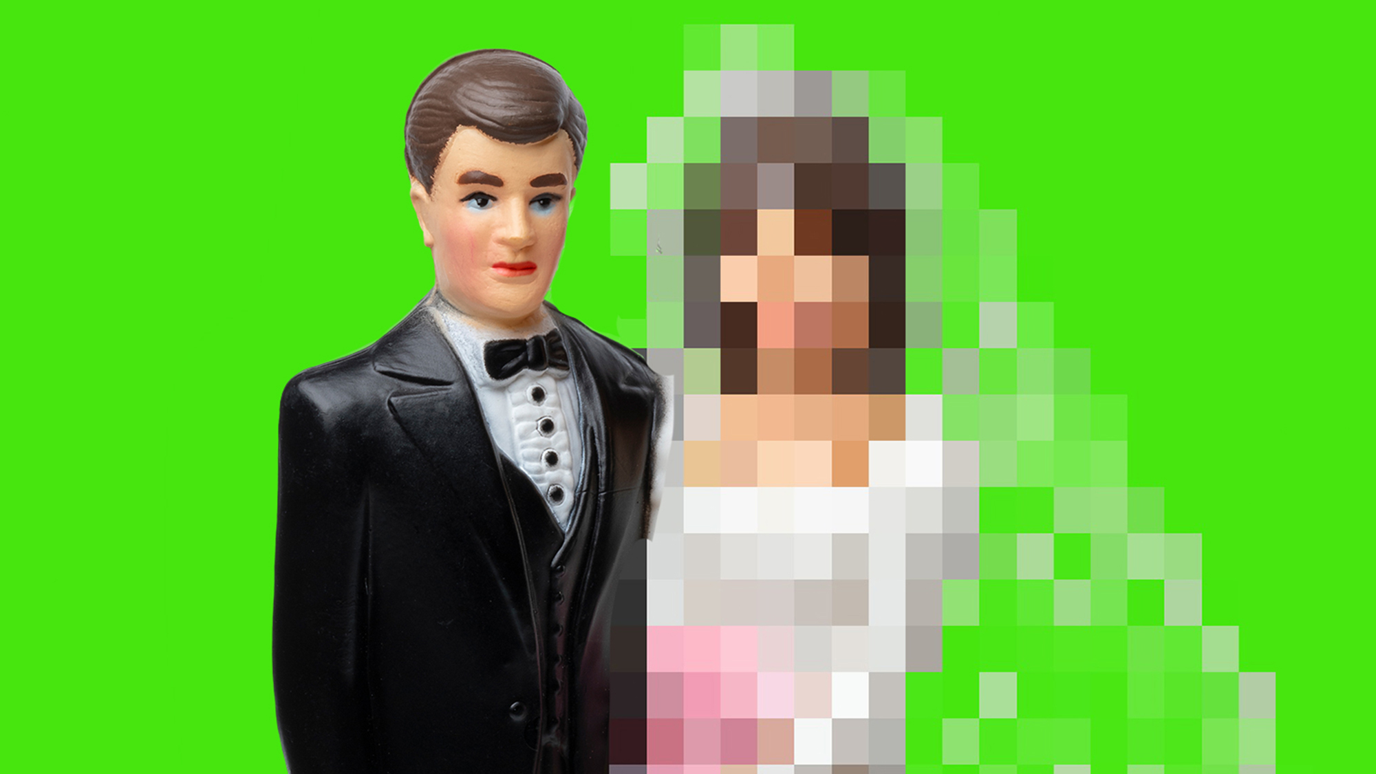 Illustration of two doll-like figures against a green background: a man in a black tuxedo and a blurry/pixelated woman in a white wedding dress
