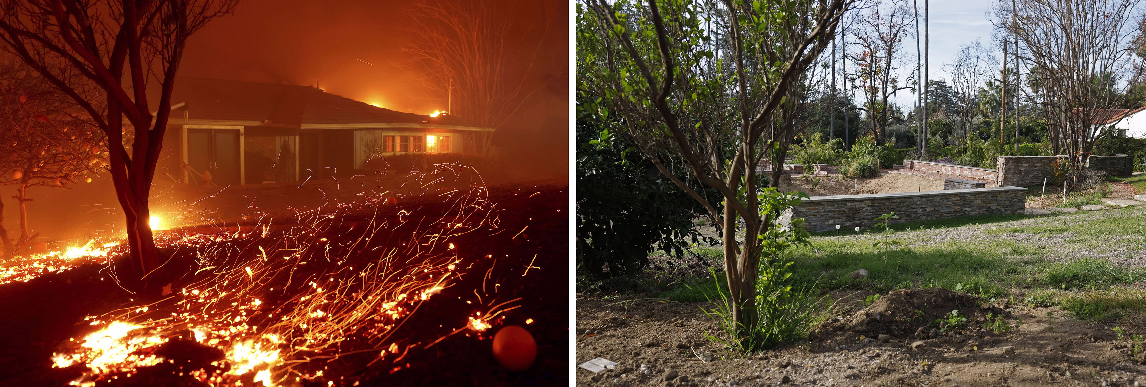 On the left side, a photograph of embers being blown toward a burning house during a wildfire, and at right an image of the same scene one year later, showing an empty foundation where the house once stood
