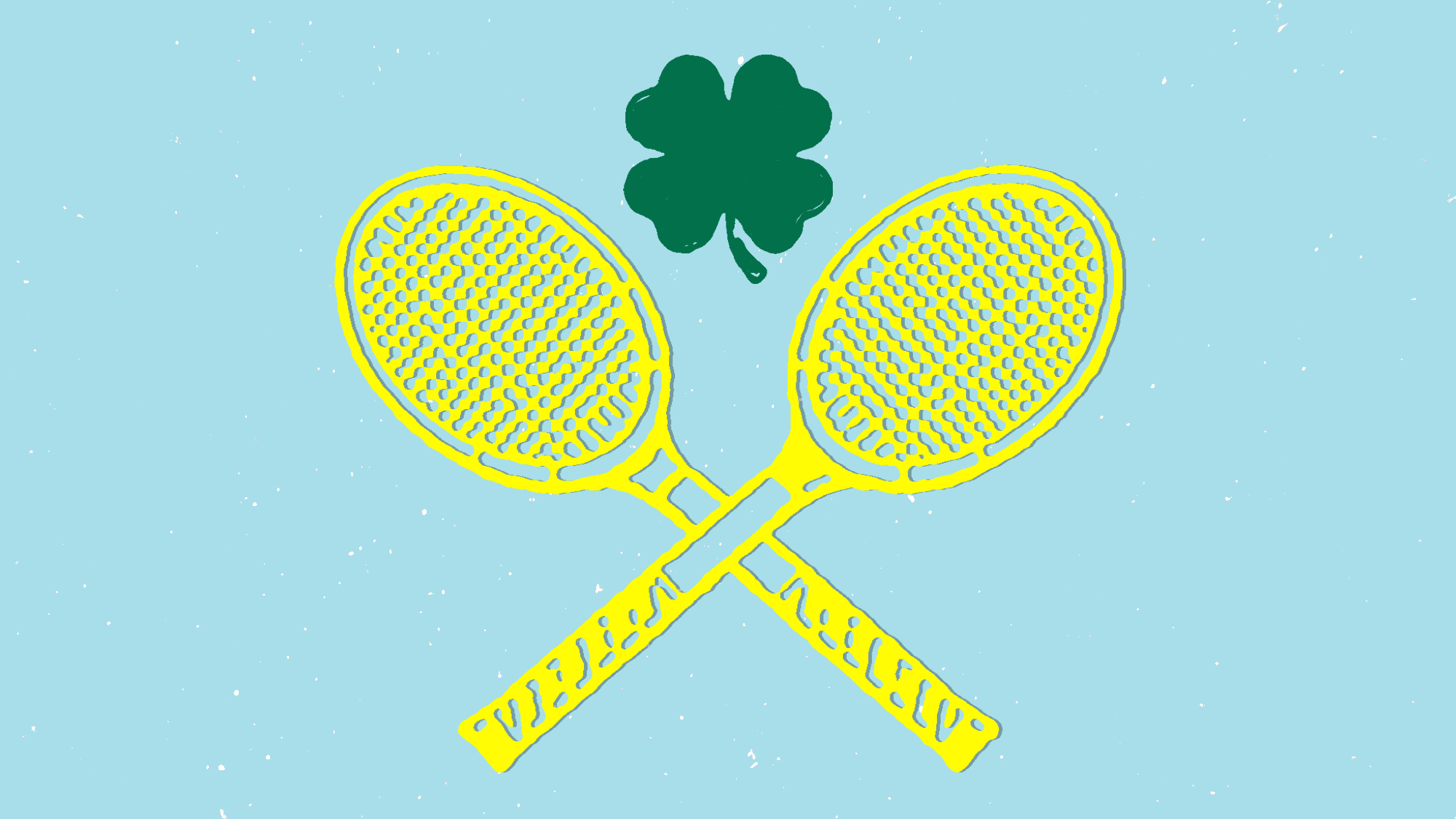 An illustration of a four-leaf clover over two crossed tennis rackets