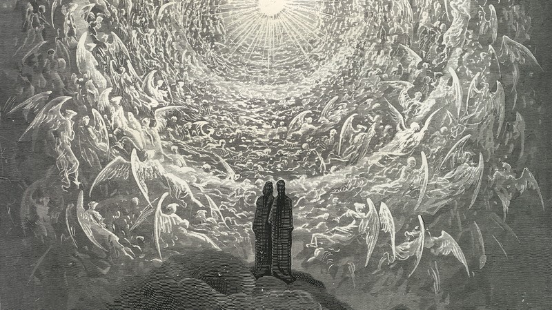 black-and-white engraving of two cloaked figures standing before vast concentric rings of thousands of angels spiraling up toward the sun