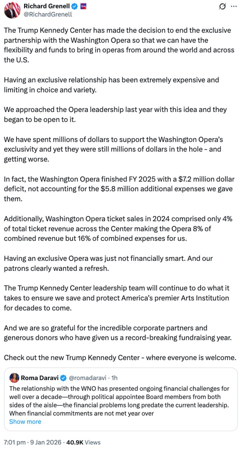 Richard Grenell X post about the Washington National Opera leaving the Kennedy Center