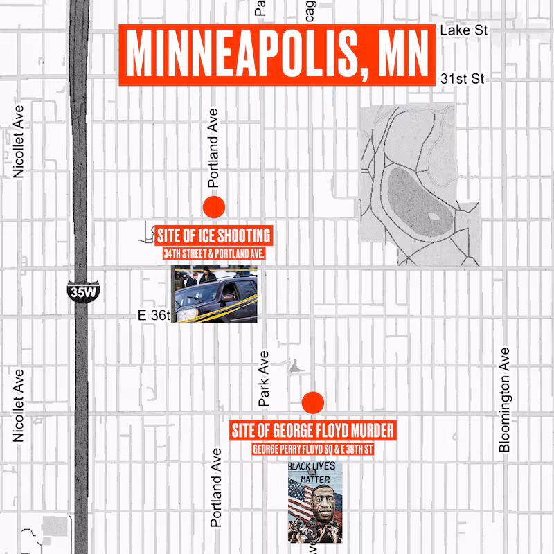 Map of Minneapolis, Minnesota showing the locations of the shooting of an unarmed American citizen woman just a mile from where George Floyd was murdered