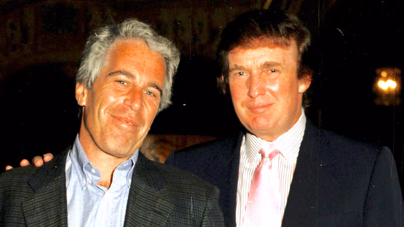 Jeffrey Epstein (left) and Donald Trump as they pose together at the Mar-a-Lago estate, Palm Beach, Florida on February 22, 1997.