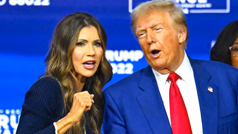 Donald Trump and Kristi Noem during a town hall at the Greater Philadelphia Expo Center and Fairgrounds in Oaks, Pennsylvania, on October 14, 2024.