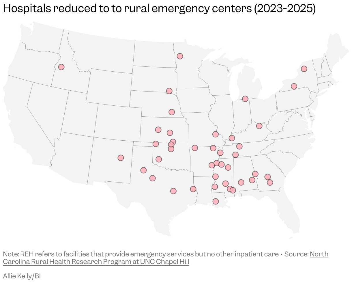 A map of hospitals converted to rural emergency centers between 2023 and 2025