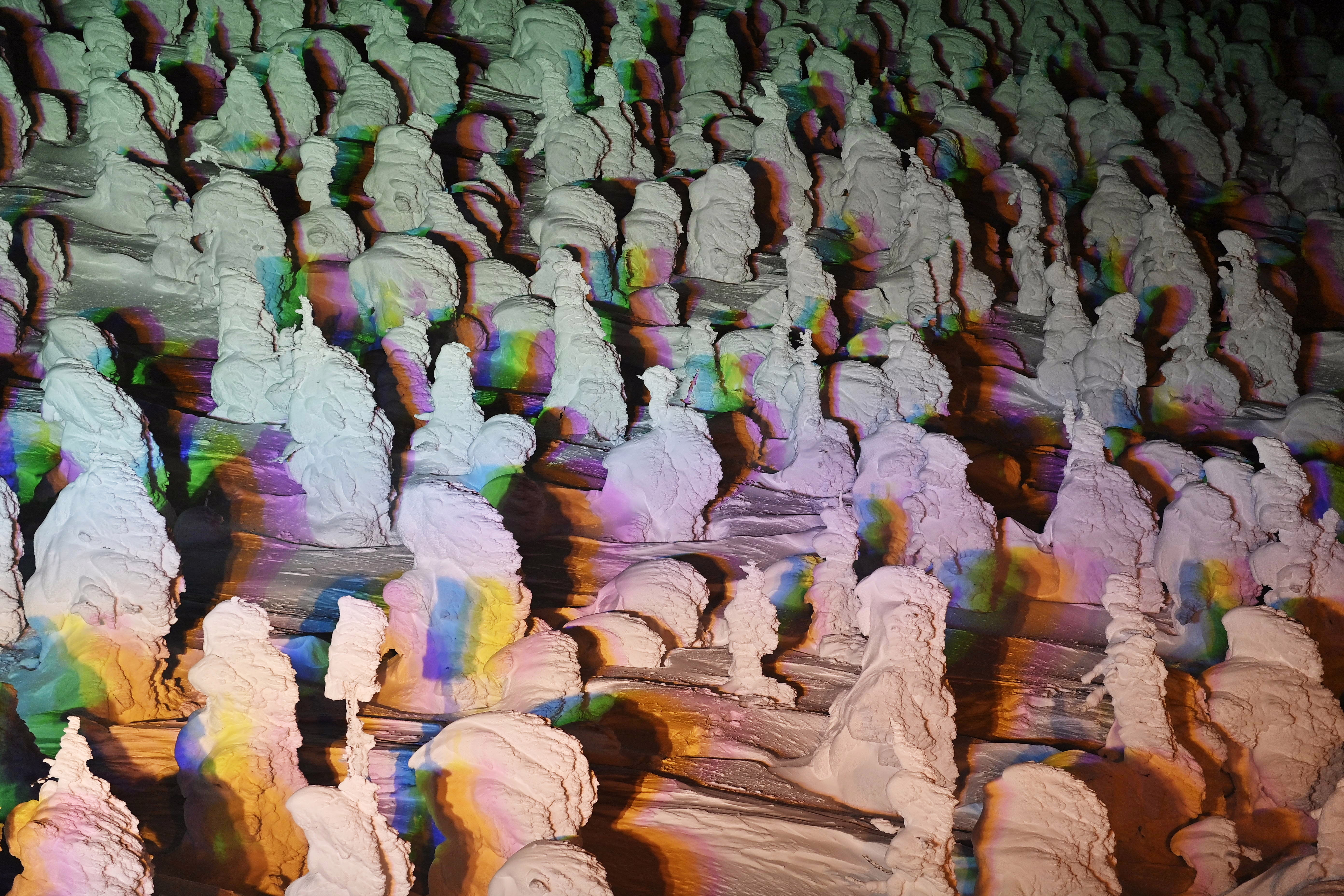 A stand of small trees, all completely covered by thick frost and snow, at night, lit by multi-colored lights