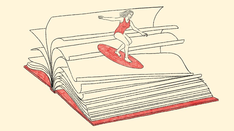 An illustration of a woman surfing on waves made of a book's pages