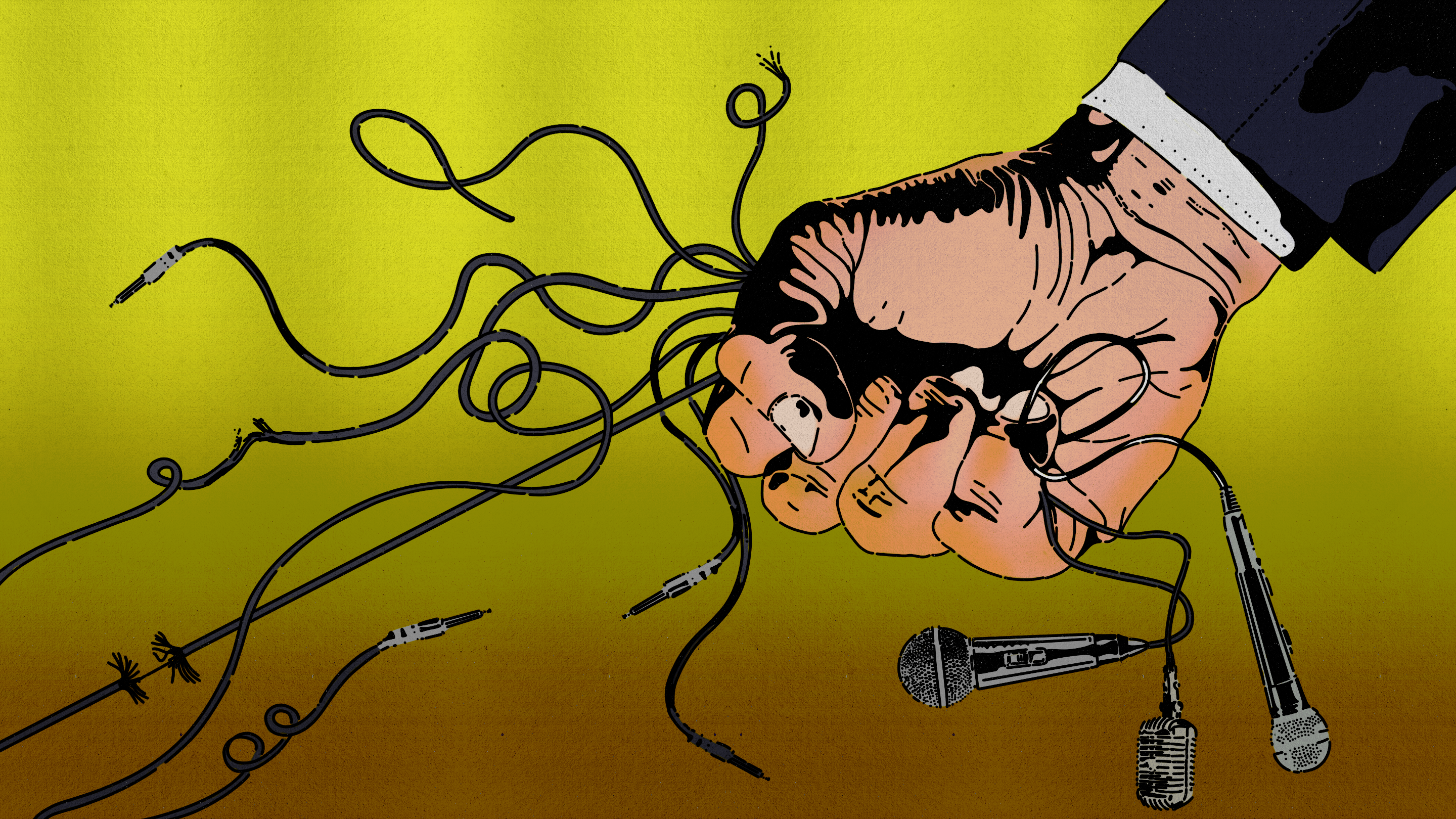 Trump hand grasping microphone cables