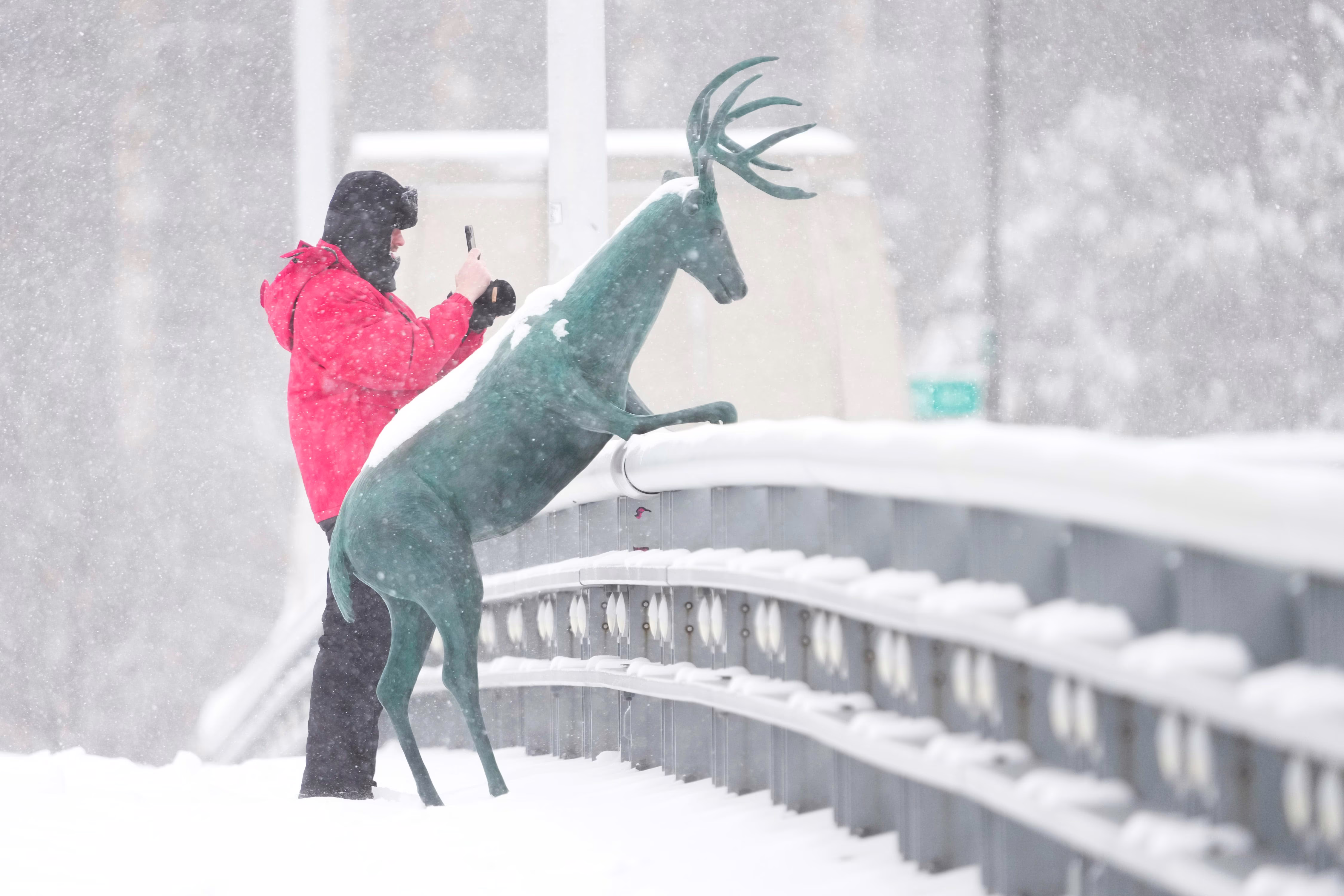 A person takes a photograph from atop a snow-covered bridge, standing beside a statue of a deer leaning on the railing.