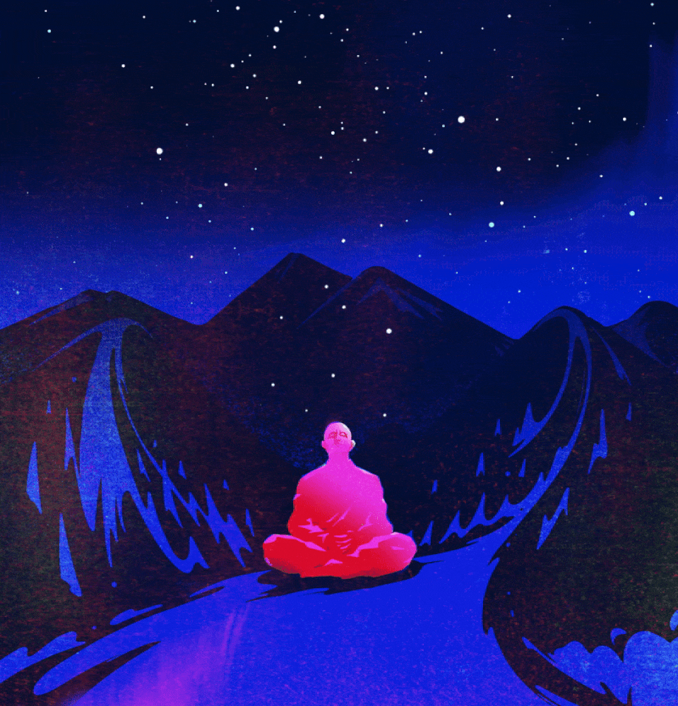 A man is seated in the mountains surrounded by a starry sky