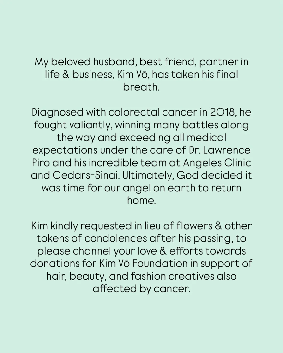 Text from Adeel Khan announcing the passing of his husband, Kim Vō, after a battle with colorectal cancer, and requesting donations to the Kim Vō Foundation in lieu of flowers.