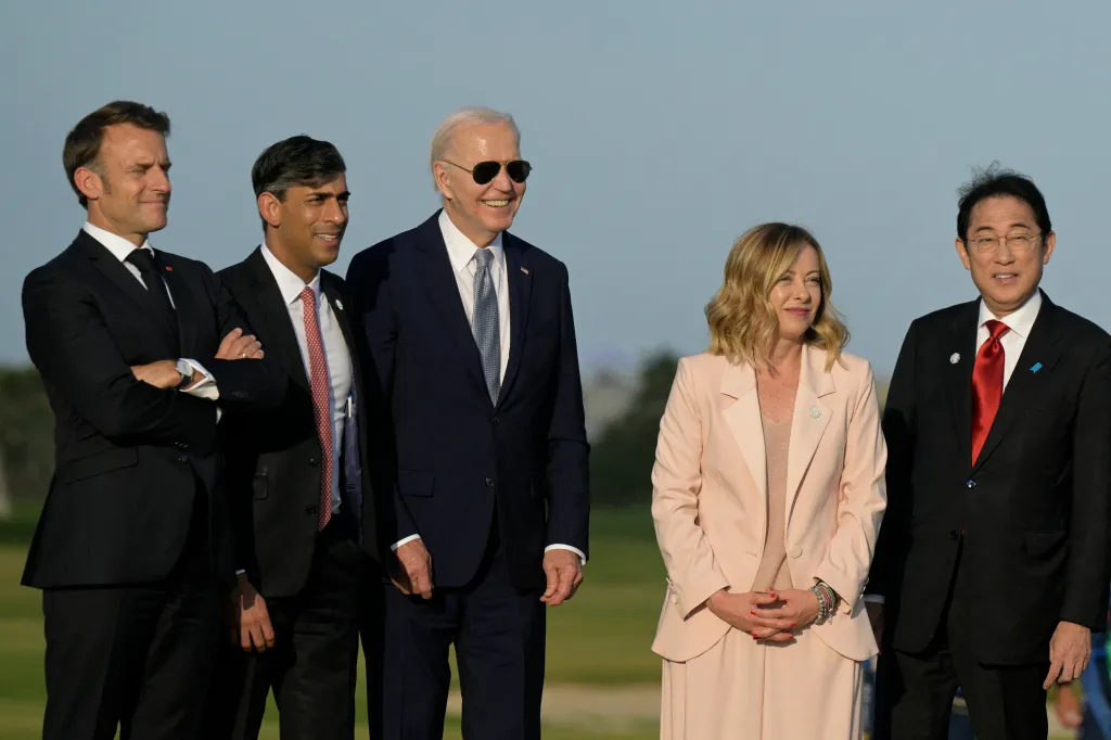 Leaders from left, Emmanuel Macron, Rishi Sunak, Joe Biden, Giorgia Meloni, and Fumio Kishida at the G7 Summit.