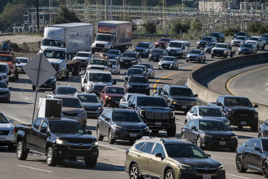 Heavy traffic of cars and trucks on Highway 24 in Berkeley, California.
