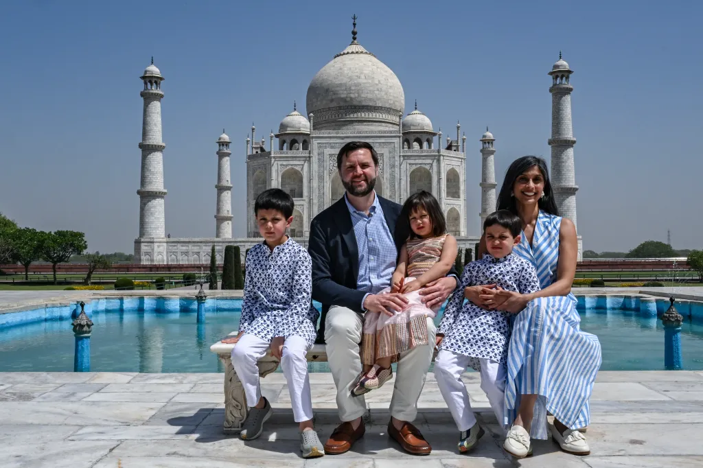 U.S. Vice President JD Vance and his family, including wife Usha Vance, visit the Taj Mahal on April 23, 2025 in Agra, India.