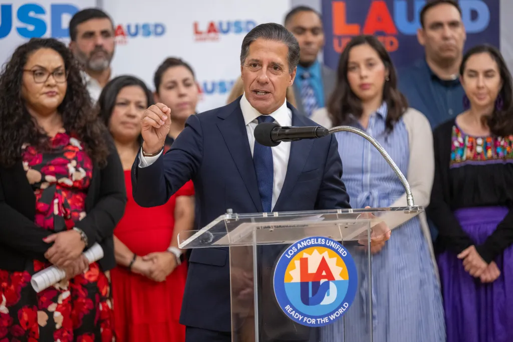 LAUSD Superintendent Alberto M. Carvalho speaking at a press conference on immigration enforcement.