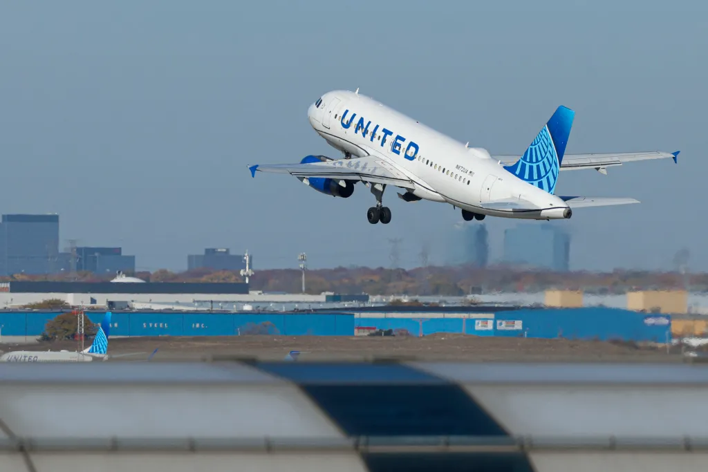 A United Airlines passenger plane departing Chicago O'Hare International Airport.