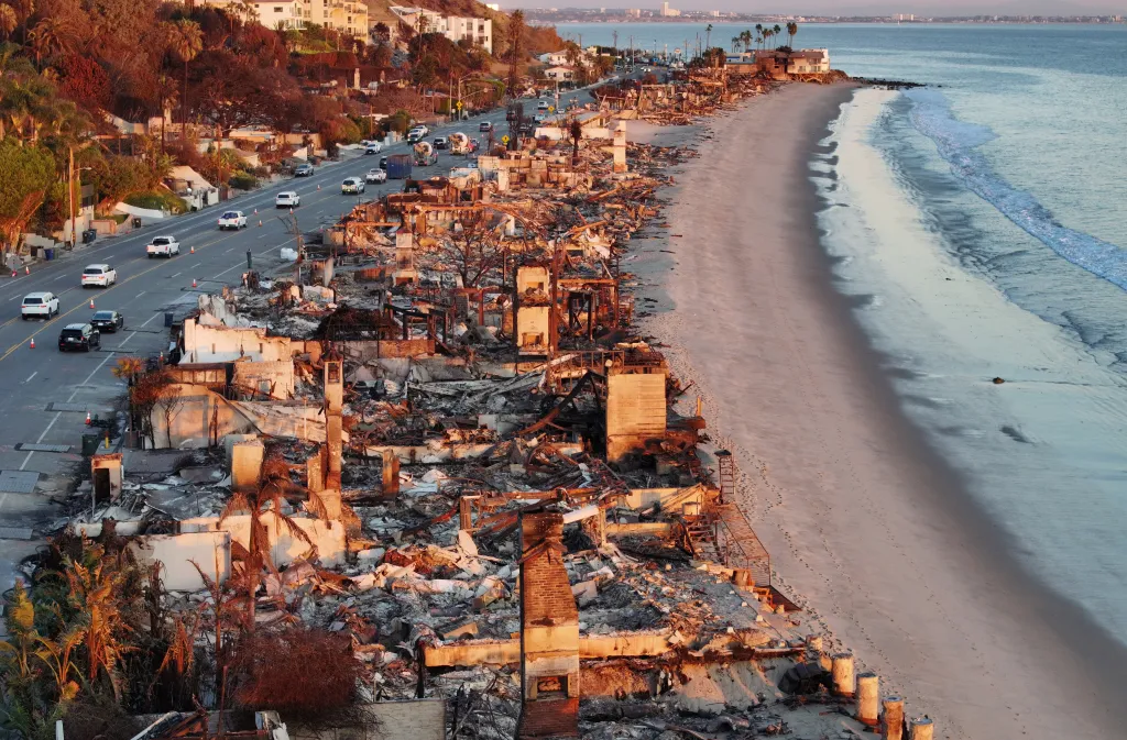 Aerial view of homes destroyed by the Palisades Fire in Malibu.