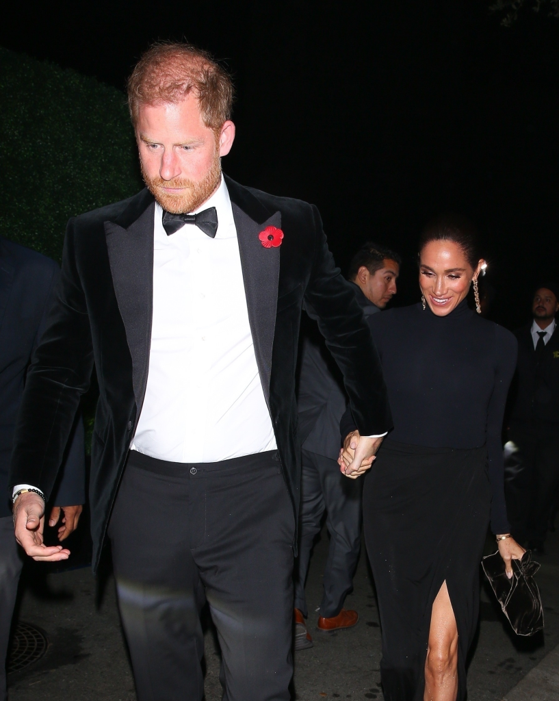 Prince Harry and Meghan Markle holding hands while arriving at Kris Jenner's 70th birthday party.