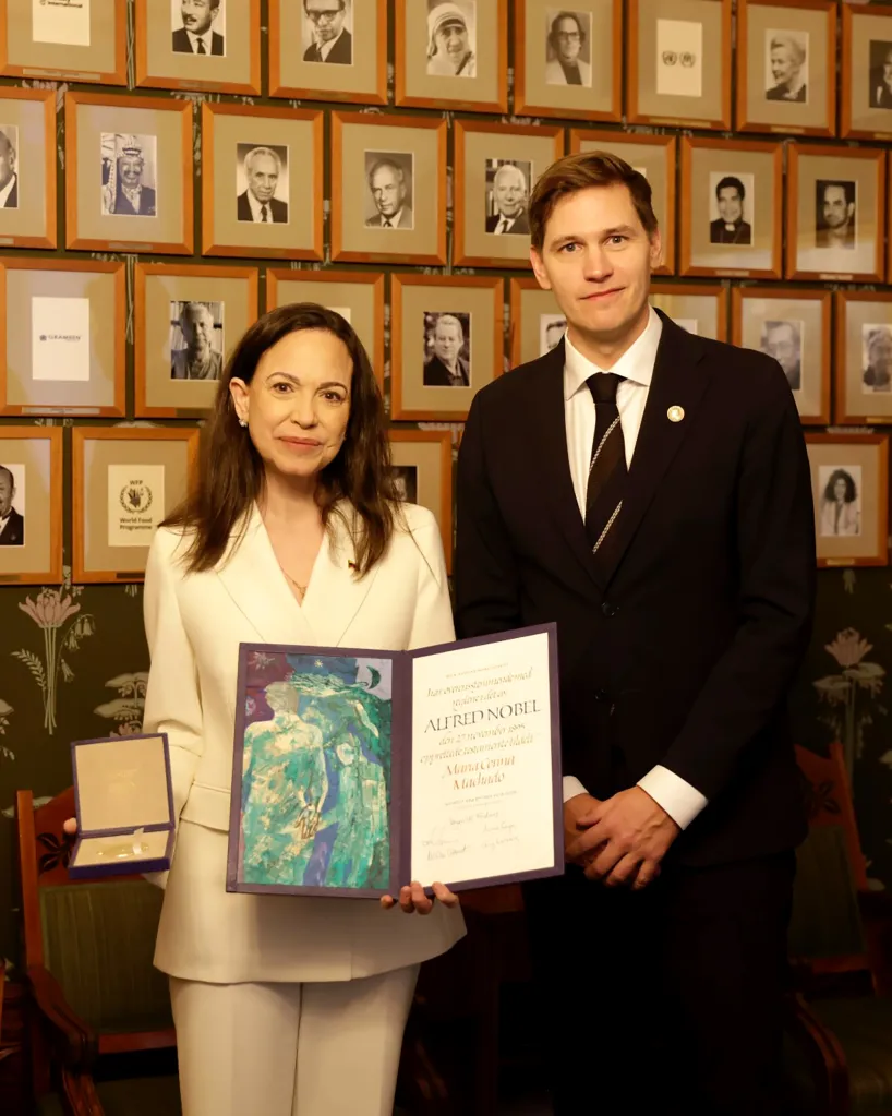 Maria Corina Machado poses with the Nobel Peace Prize.