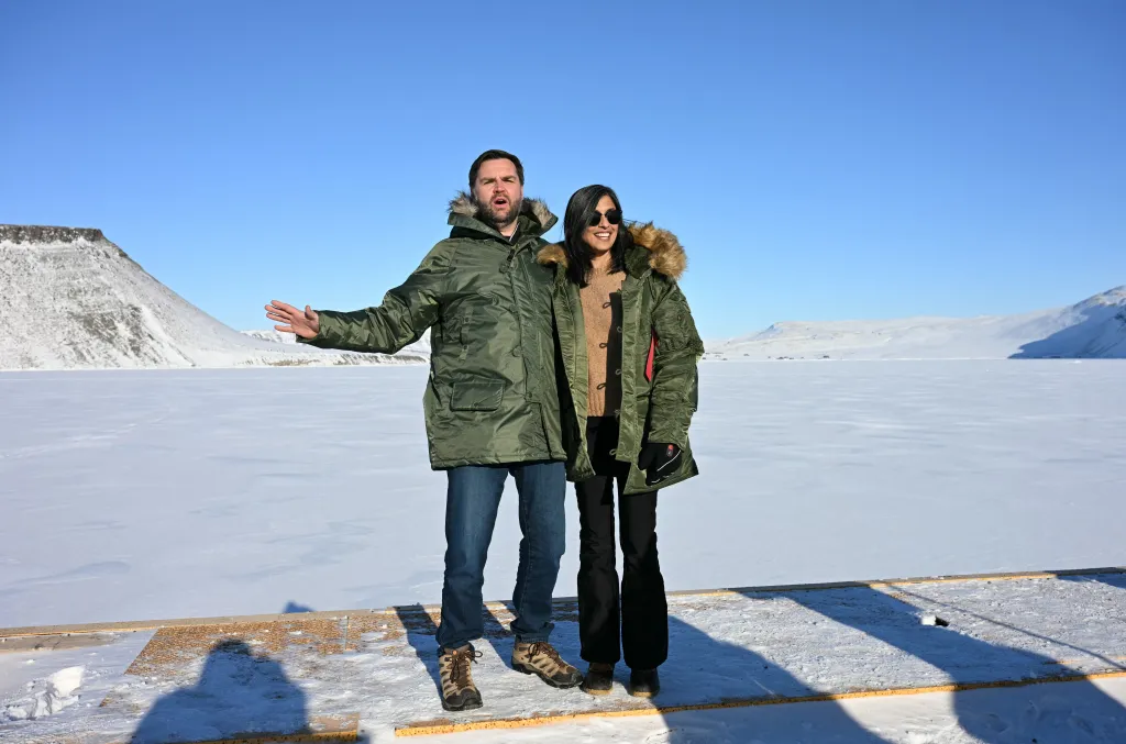 Vice President JD Vance and Second Lady Usha Vance pose as they tour the US military's Pituffik Space Base on March 28, 2025 in Pituffik, Greenland.
