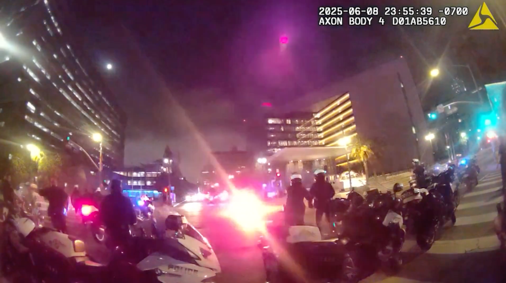 Bodycam footage shows fireworks thrown at LAPD during a Los Angeles protest.