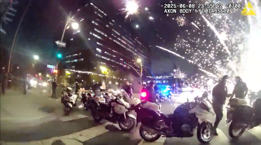 Fireworks being thrown at LAPD during protests.