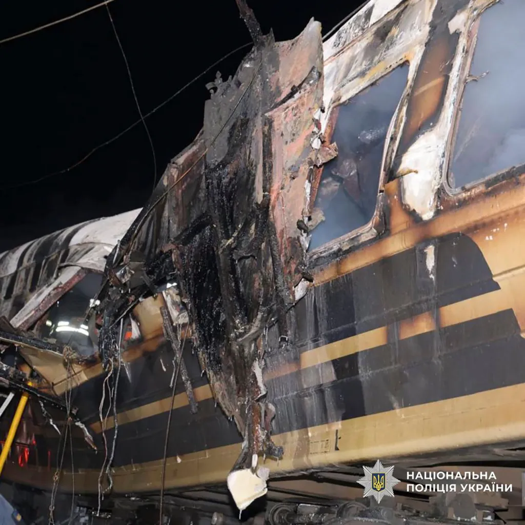A train car destroyed by the drone attack.