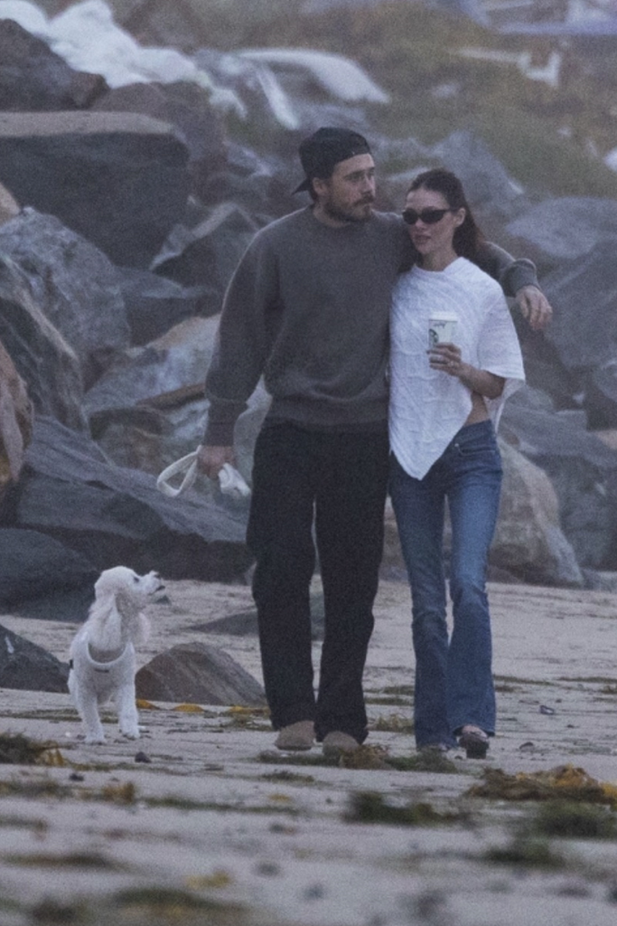 Brooklyn Beckham and Nicola Peltz Beckham walking on a beach with their rescue dog.