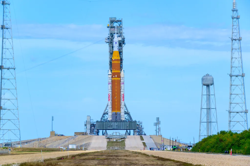 NASA's SLS rocket with the Orion capsule on Launch Complex 39B at Kennedy Space Center.