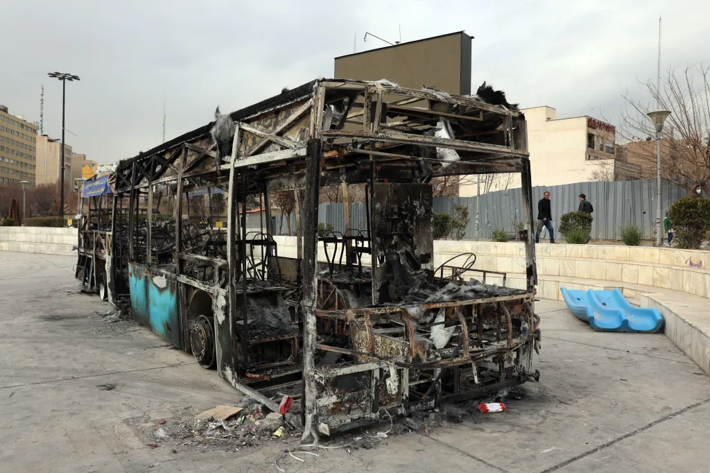 Wreckage of a public bus in Tehran that was burned during anti-government protests.