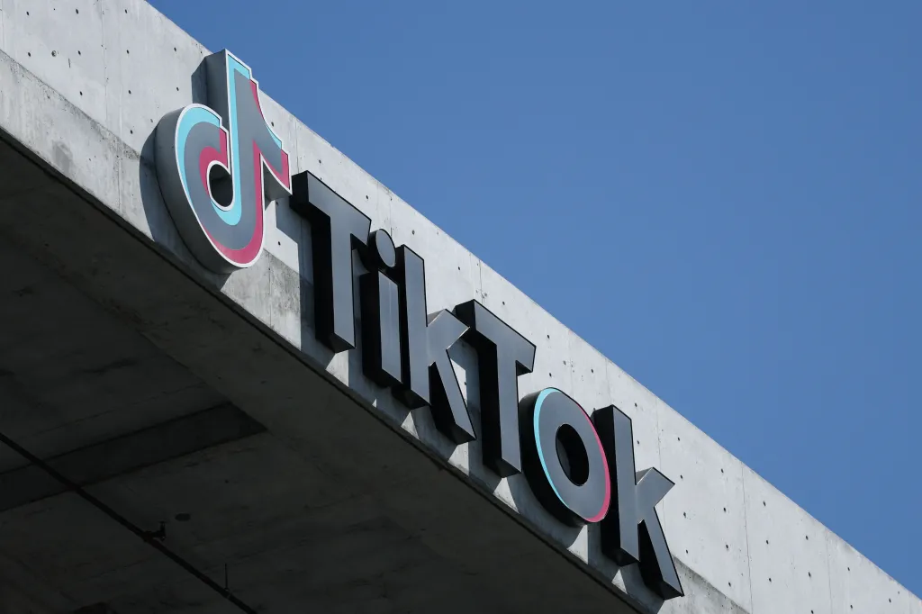 The TikTok logo is displayed on signage outside TikTok social media app company offices.