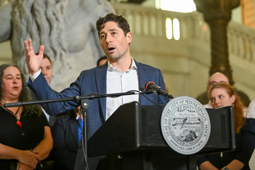 Minneapolis Mayor Jacob Frey speaks at a news conference in City Hall on Jan. 9, 2026.