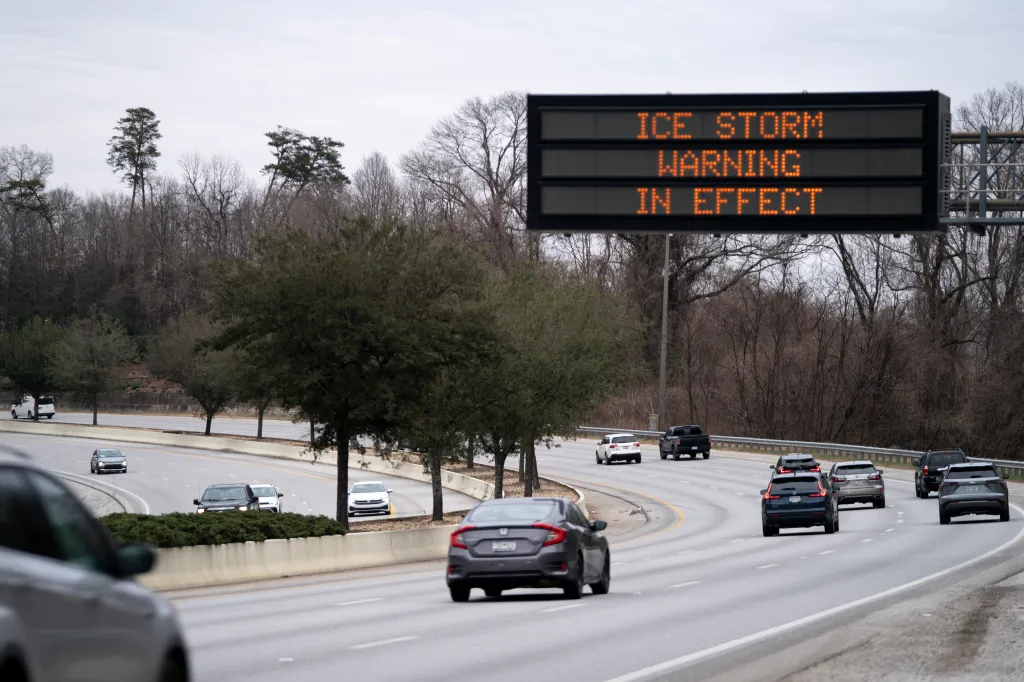 A sign on I-385 in Greenville, South Carolina warns drivers of impending ice storm on Jan. 24, 2026.