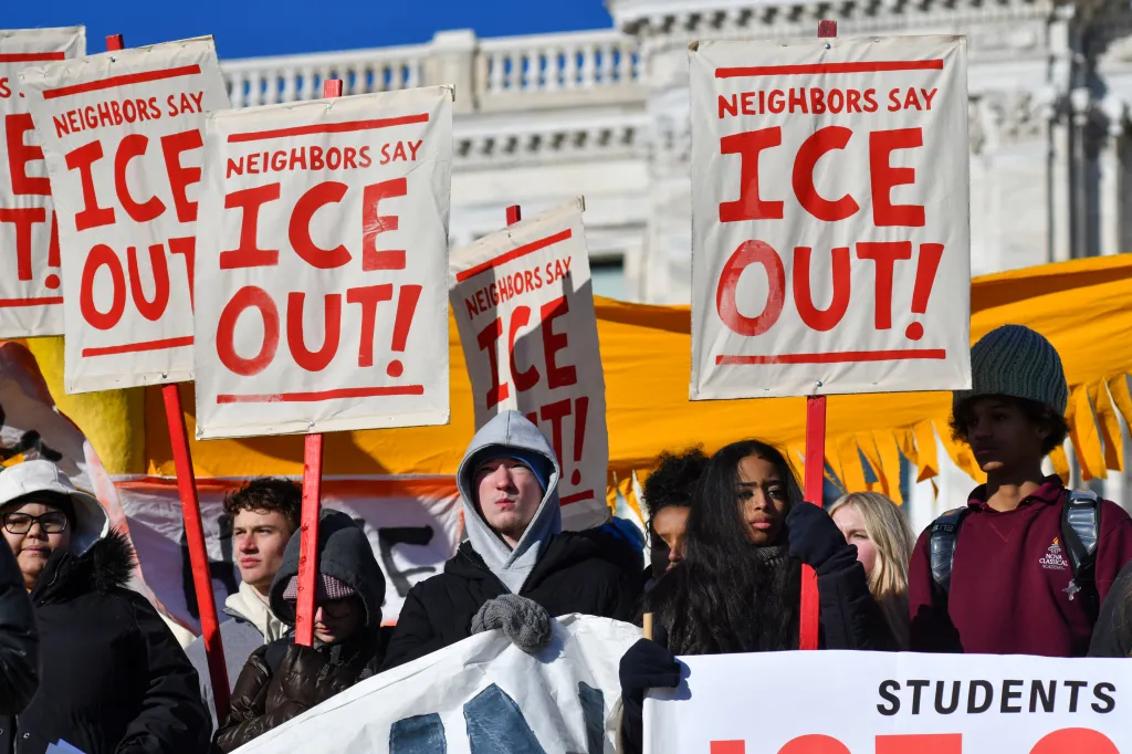 High school students hold an anti-ICE protest outside the Minnesota State Capitol in St. Paul, Minnesota, on Jan. 14, 2026.