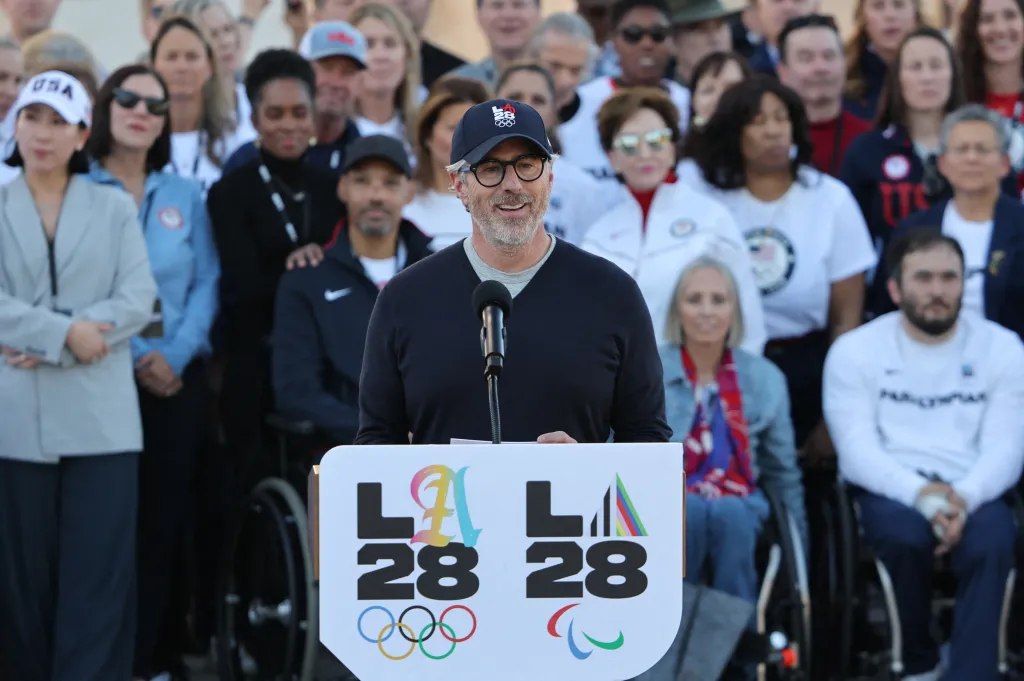 Casey Wasserman speaks to the media at the LA Memorial Coliseum in Los Angeles on Jan. 13, 2026.