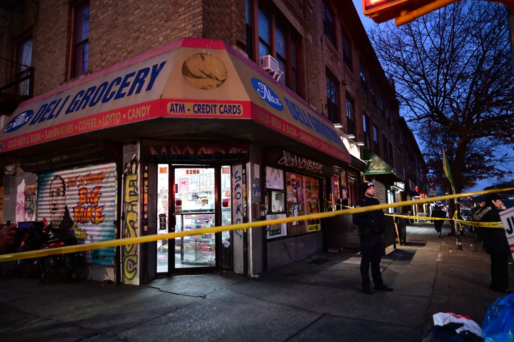 Police tape cordons off a deli at 1256 Flatbush Avenue in Brooklyn after a shooting.