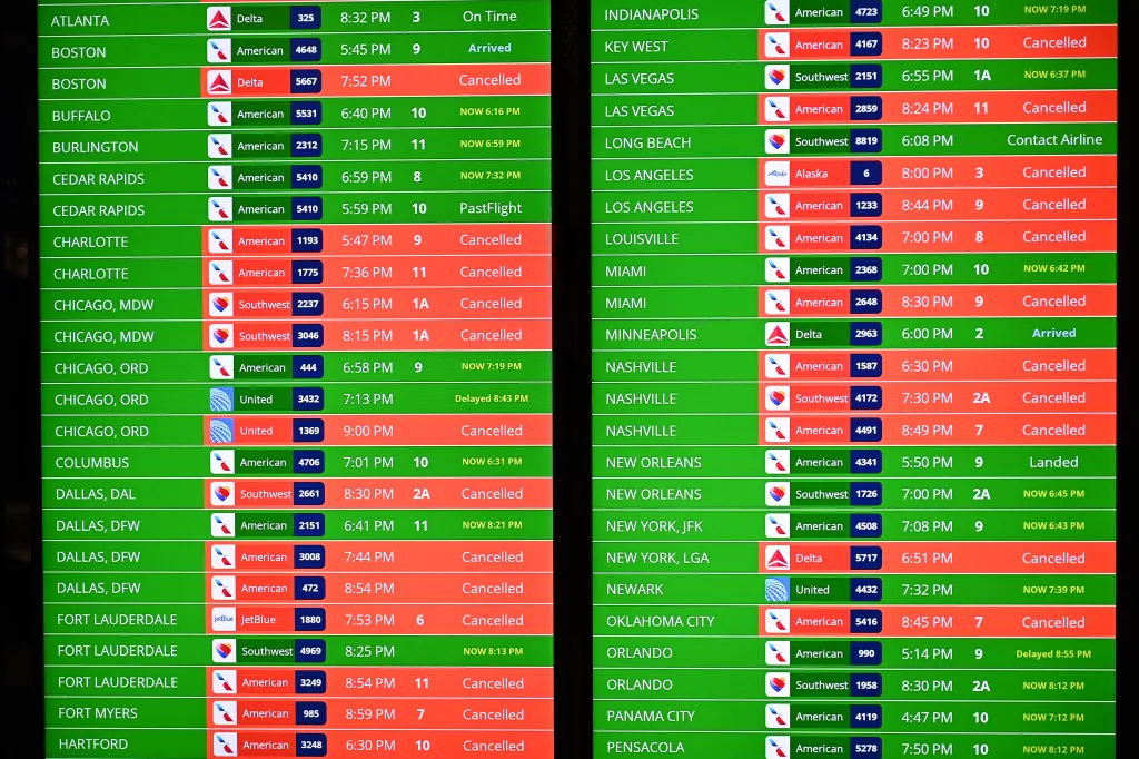 A board displays the canceled flights out of Ronald Reagan National Airport in Washington, DC, on Jan. 24, 2026.