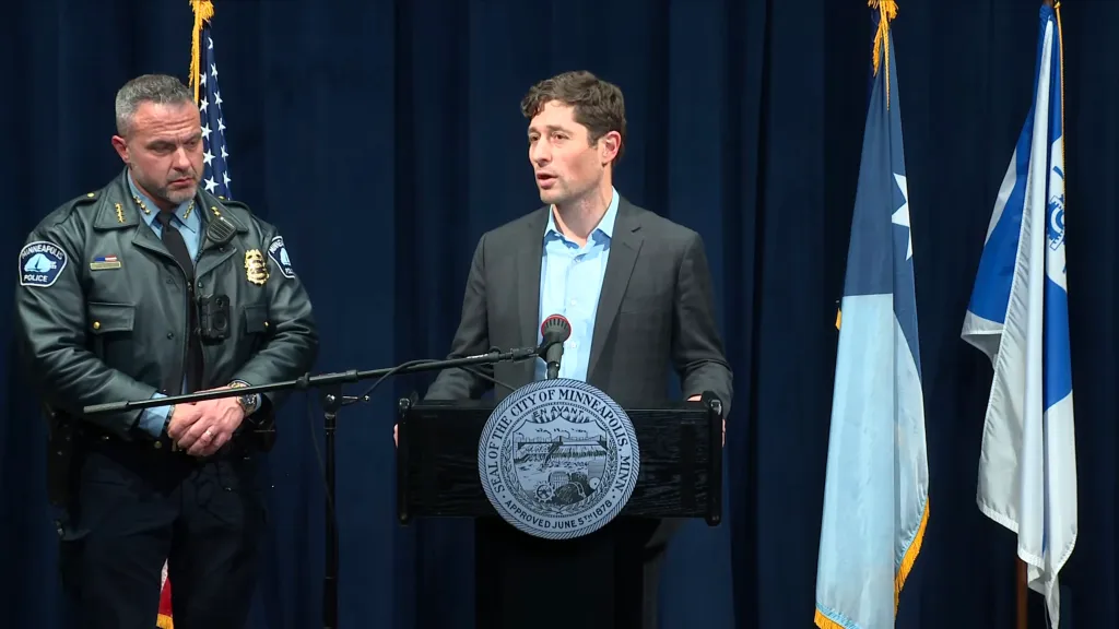 Minneapolis Mayor Jacob Frey and Police Chief O'Hara respond to shooting by ICE agents during a press conference on January 14, 2026.