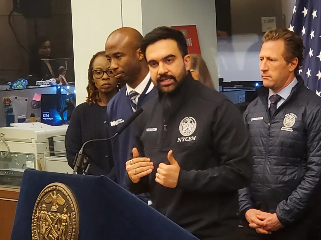 New York City Mayor Zohran Mamdani, joined by NYC Schools Chancellor Kamar Samuels and other city officials, at a press conference to discuss snowstorm preparedness.