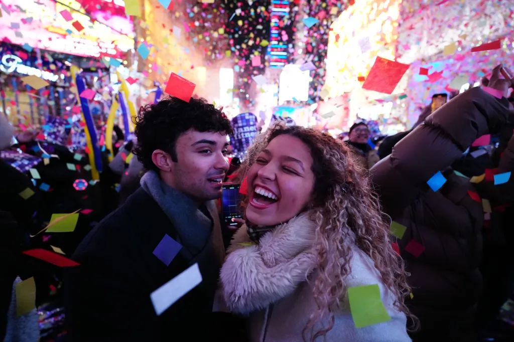 A couple embraces during New Year's Eve celebrations on January 01, 2026 in New York City.