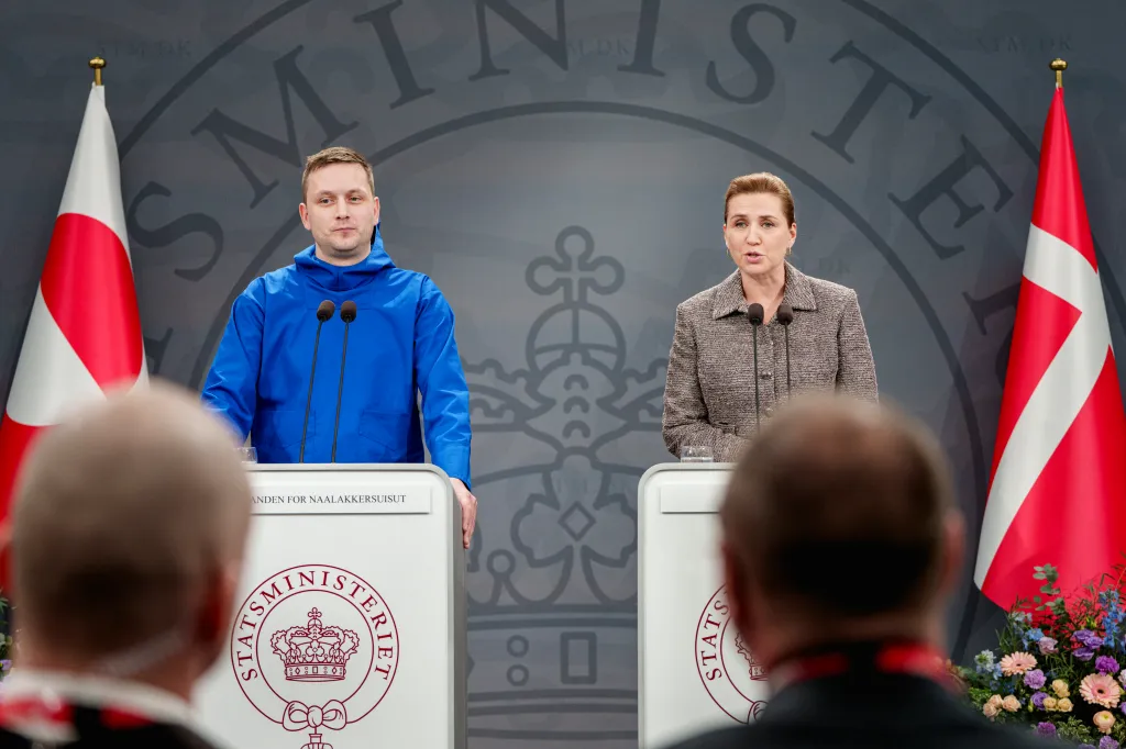 Greenland's Head of Government (Naalakkersuisut) Jens-Frederik Nielsen (L) and Denmark's Prime Minister Mette Frederiksen give a statement in the Mirror Hall at the Prime Minister's Office in Copenhagen, Denmark, on January 13, 2026.