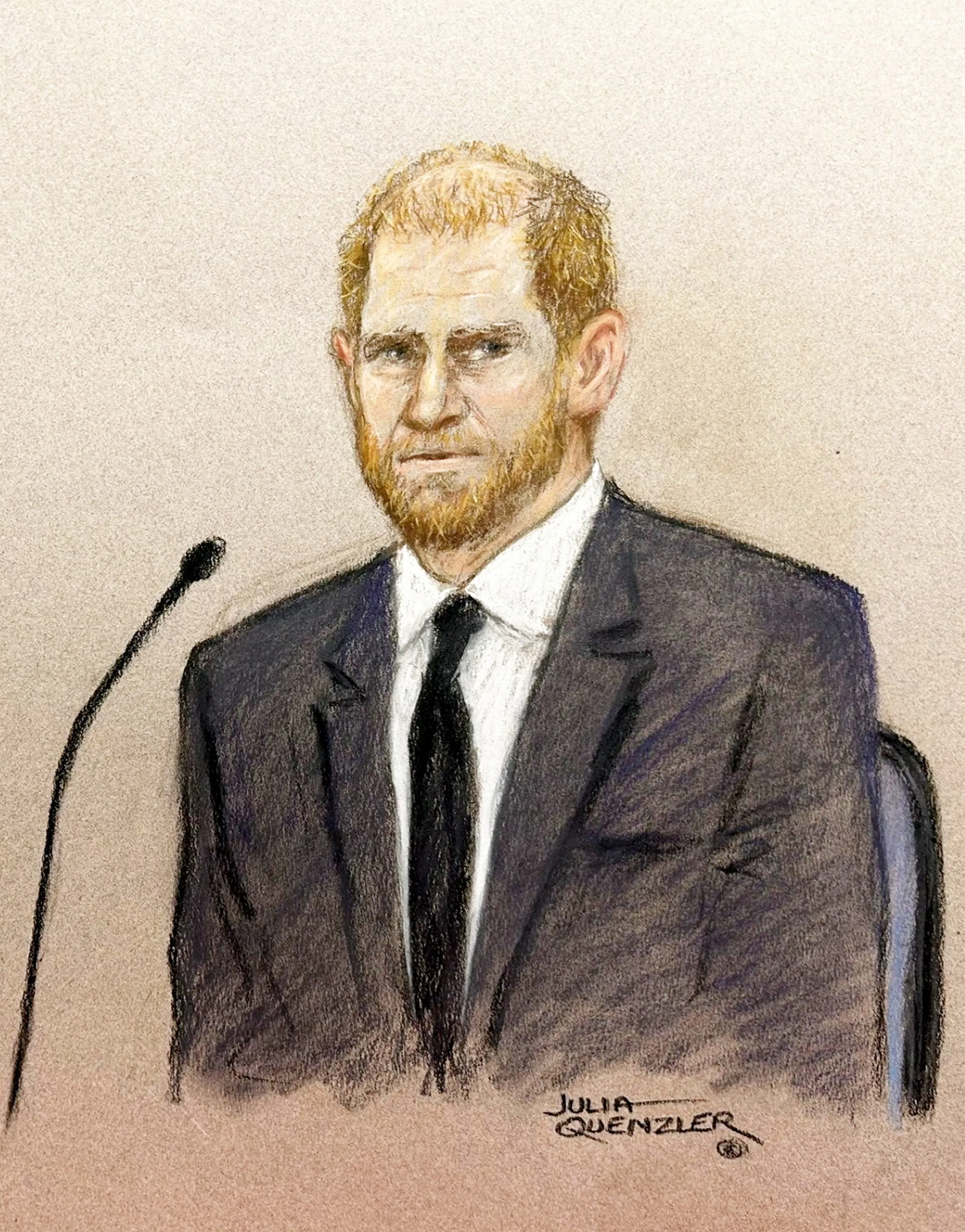 Illustration of Prince Harry in court, wearing a dark suit and tie, with a microphone in front of him.