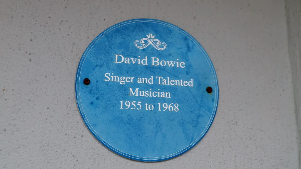 Blue plaque for David Bowie, Singer and Talented Musician, 1955 to 1968.