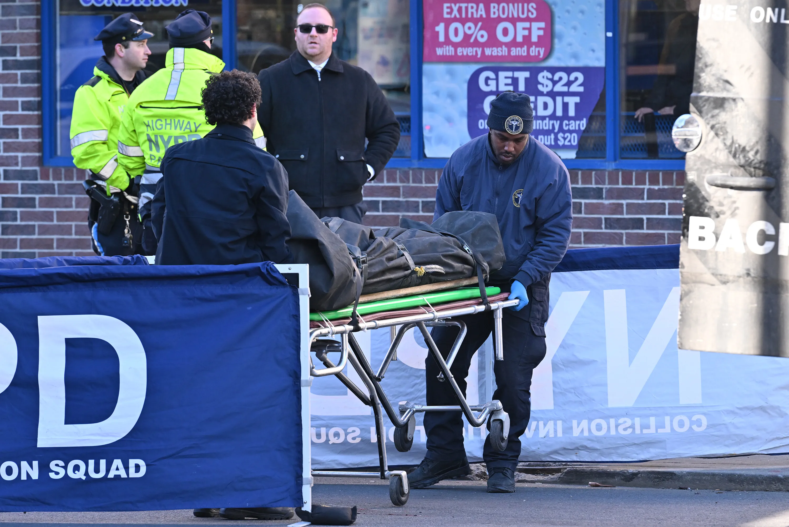 Emergency responders and police at the scene of a fatal hit-and-run in Brooklyn.