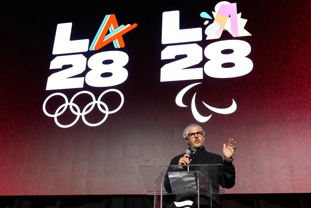 2028 Los Angeles Olympics Chairman Casey Wasserman speaks at the Intuit Dome in Inglewood, Calif. on Jan. 13, 2026.