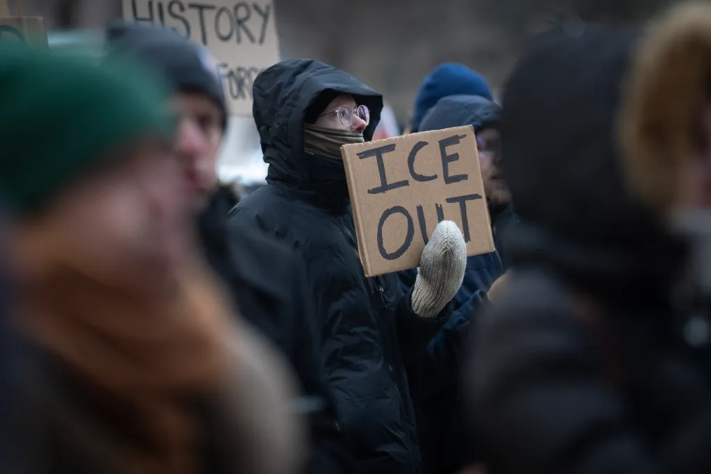Demonstrators protest, calling for an end to ICE operations in Minnesota, outside the office of U.S. Sen. Amy Klobuchar (D-MN) on January 26, 2026 in Minneapolis, Minnesota.