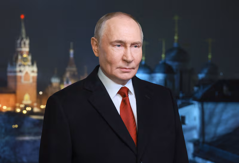 Russian President Vladimir Putin delivers his traditional televised New Year's address to the people of Russia on Dec. 31, 2025.