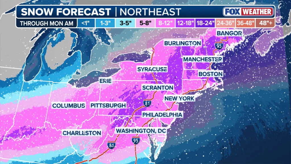Illustration of a snow forecast map for the Northeast US, showing snow accumulation categories from less than 1 inch to over 48 inches.
